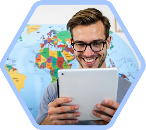 Student looking at world map on tablet