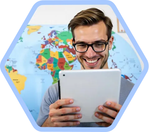 Student looking at world map on tablet